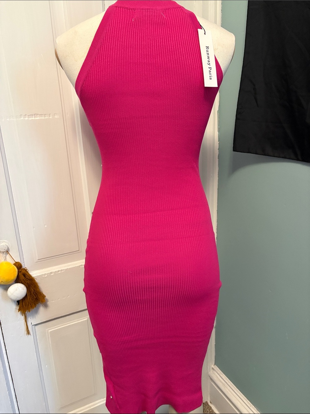 Fuchsia Rhinestone Halter Ribbed Mini Dress - Picture 6 of 6